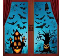 63 calcomanías de Halloween para ventana, decoración reutilizable de doble cara, sin pegamento, fantasmas, murciélagos, calabazas para ventanas y puertas de bahía (hojas A4, resistentes a la
