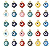 63 dijes de aleación dorada esmaltados contra el mal de ojo azul turco, coloridos abalorios redondos de doble cara para hacer joyas, aretes, collares, manualidades (9 colores), Esmalte de zinc, No es