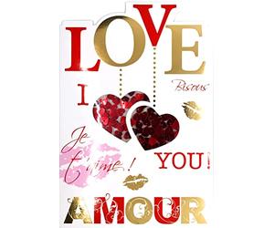 65-1125-A Tarjeta I LOVE YOU 2 Corazones Rojos Perlas Rhinestone Besos Labios Oro Brillante Te amo Amor Cariño Mitad Sentimientos Declarar su llama San Valentín 14 de febrero con Sobre Rosa