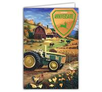 65-1430 - Tarjeta de feliz cumpleaños, antiguo tractor verde y bronce brillante con sobre blanco, formato 12 x 17,5 cm, retro vintage mecánico para agricultor campesino agricultor agricultor ganadero