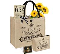 65. Regalos de cumpleaños para mujeres bolsa de yute, regalos únicos de 65 años para madre amigos abuela, bolso vintage de 1961 burlap y bolso de maquillaje y nuevo en 1961 póster