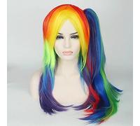 65cm Rainbow Straight Cosplay Wig Synthetic Multi color Women Fake Hair Wigs With Long Ponytail For Christmas OneSize wigwithponytail