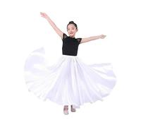 (65cm,White)Girls Satin Full Circle Long Dance Skirt for Girls Belly Dance Long Skirt