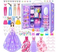 65Pzs Ropa y Accesorios para Muñecas con Armario para 11.5 Pulgadas Muñeca Juego de Vestir con 1 Muñeca Vestidos de Moda Tops y Pantalones Zapatero Bolsas Regalo Juguete para Niñas 4 5 6 7 8 9 10 Años