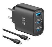 65W Cargador USB 3 Puertos, Cargador Carga Rapida PD3.0 GAN Enchufe USB Compatible con MacBook Pro, para iPhone 17/16/15, iPad Pro, Galaxy S25/S24, Pixel, Steam Deck DELL, Negro con Cable Tipo