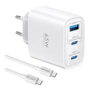 65W Cargador USB C 3 Puertos, Cargador Carga Rapida PD3.0 GAN Enchufe USBC Compatible con MacBook Pro, para iPhone 17/16/15, iPad Pro, Galaxy S25/S24, Pixel, Steam Deck DELL, Blanco con Cable Tipo C
