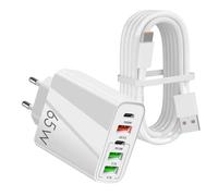 65W Cargador USB C, 5 Puertos Cargador Rapida con USB-C y USB-A, Charger Tipo C con PD QC 3.0 3.1A, Power Adapter con 1M 6A Cable de Carga, para iPhone 17/16/15/Pro/Pro Max, iPad Samsung Galaxy HUAWEI