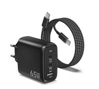 65W Cargador USB C Rápida, 3 Puertos PD & QC3.0 Cargador Rápido GAN Alimentación Enchufe con 100W Cable USB C 2M para MacB00k Pro/Air, para iPhone 16/15/Pad, para Galaxy S25/S24 - Negro