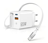 65W GaN 3-in-1 Cargador USB C con cable, cable de carga retráctil de 65 cm, USB-C 25 W + puerto USB-A 22,5 W, cargador con cable extensible para iPhone, Galaxy, iPad, ordenador portátil, MacBook