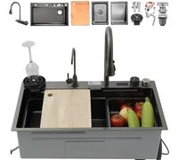 65x50cm Fregadero Cocina Cascada, Fregadero Cocina 1 Seno, Gran Fregadero Negro Sobre Encimera, Con Grifo Multifuncional Y Varios Accesorios