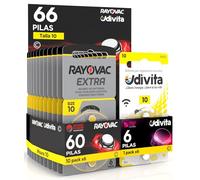 66 Baterías para Audífonos Medida 10 PR70 Amarillas Zinc Aire Phono Pulse Technology en 11 Blíster de 6 Pilas 66 Baterías 60 Rayovac + 6 Udivita