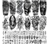 66 hojas negro dragón águila halloween tatuajes temporales hombre mujer vampiro tigre león espeluznante demonio calavera falsa tatuajes 3D lobo grande media manga tatuajes adhesivos adultos antebrazo