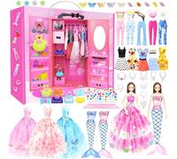66Pzs Ropa y Accesorios para Muñecas con Armario para 11.5 Pulgadas Muñeca Juego de Vestir con 1 Muñeca Vestidos de Moda Tops y Pantalones Zapatero Bolsas Regalo Juguete para Niñas 4 5 6 7 8 9 10 Años