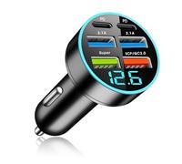 66W Cargador Coche USB, Encendedor con 6 Puertos[2PD+2USB-A 3.1 1Super+1SCP/QC3.0], Carga Rápida 12V-24V, Aptador con Voltímetro LED para Android/I-Phone/Samsung/Tablet/Smartphone
