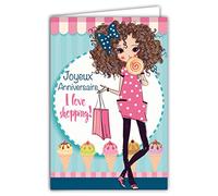 67-1112 - Tarjeta de felicitación de cumpleaños con texto en inglés "I love shopping chica chupete cubitos de hielo"