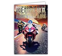 67-1286 - Tarjeta de felicitación de cumpleaños, moto GP, carrera, velocidad de circuito, plateado brillante, ilustración, 1 año más, regalo para motociclistas y ciclistas, con sobres blancos, formato