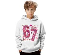 67 - Sudadera con capucha para niños, diseño de dibujos animados, manga larga, estilo retro, con estampado de seis siete, para fiestas, festividades, ropa de calle, blanco, 2-3 años