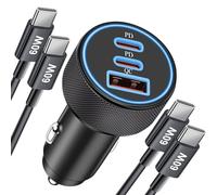 67W Cargador Coche Carga Rapida USB C para iPhone 16 15 Pro MAX 16e, Samsung Galaxy S25 S24 S23 S22 Ultra S21, Pixel 9 8 7, Mechero Accesorios de Dual USBC y USB-A 12V Adaptador 2Pack Tipo C Cable