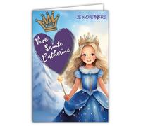 68-1344 Tarjeta Viva Santa Catalina 25 de noviembre Desea una Feliz Fiesta a una Niña que ama a las Princesas Reina de las Nieves Vestido azul Corona - Con Sobre Blanco 12 x 17 cm