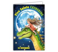 68-1347 Tarjeta Viva Santa Catalina 25 de noviembre Desea una Feliz Fiesta a una Niña Soñadora que Sueña con ir al Espacio Luna Amigo Dinosaurio Verde - Con Sobre Blanco 12x17cm