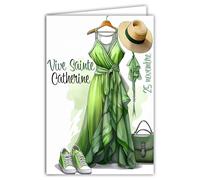 68-1352 Tarjeta Viva Santa Catalina 25 de noviembre Desea una Feliz Fiesta a una Niña Fashionista Moda Ilustración Vestido Largo Verde Sombrero Con Sobre Blanco 12x17cm