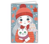 68-1354 Tarjeta Viva Santa Catalina 25 de noviembre Desea una Feliz Fiesta a una Niña Niña que ama a su Gato Lindo Abrazo Gorro Otoño Tocado - Con Sobre Blanco 12x17cm
