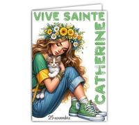 68-1355 Tarjeta Viva Santa Catalina 25 de noviembre Desea una Feliz Fiesta a una Joven Mujer que ama a su Gato Lindo Abrazo Corona de Flores Peinado -Con Sobre Blanco 12x17cm