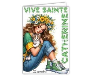 68-1355 Tarjeta Viva Santa Catalina 25 de noviembre Desea una Feliz Fiesta a una Joven Mujer que ama a su Gato Lindo Abrazo Corona de Flores Peinado -Con Sobre Blanco 12x17cm