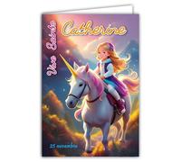 68-1356 Tarjeta Viva Santa Catalina 25 de noviembre Desea una Feliz Fiesta a una Niña Jinete Caballero Equitación Unicornio Caballo Fantástico - Con Sobre Blanco 12 x 17 cm