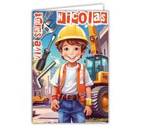 68-1360 - Tarjeta Vive Saint Nicolás 6 de diciembre Desea una Feliz Fiesta a un niño pequeño colegial Manitas Juego de construcción Pelletadora Astillero - Con Sobre Blanco Formato 12 x 17 cm