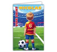 68-1366 Tarjeta Vive Saint Nicolás 6 Diciembre Desea una Feliz Fiesta a un Escolar Niño Futbolista Fútbol Bola Redonda Delantero Terreno Objetivo - Con Sobre Blanco Formato 12x17cm