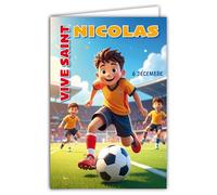 68-1367 Tarjeta Vive Saint Nicolás 6 Diciembre Desea una Feliz Fiesta a un Escolar Chico Futbolista Fútbol Globo Redondo Delantero Terreno Objetivo - Con Sobre Blanco Formato 12x17cm