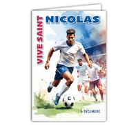 68-1369 - Tarjeta Vive Saint Nicolás 6 de diciembre Desea una Feliz Fiesta a un Niño Joven Hombre Futbolista Fútbol Globo Redondo Delantero Terreno Objetivo - Con Sobre Blanco Formato 12x17cm