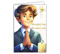 68-6005 - Tarjeta de felicitación para tu comunión en oro dorado brillante con sobre de 12 x 17,5 cm para joven chico cristiano católico en traje de ceremonia vela cruz paloma paz fabricación francesa
