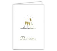 68-9006 - Tarjeta de felicitación con flautas de champán que trincan ilustración de oro fino dorado brillante delicado sobre papel mate - con sobre blanco - Tamaño 12 x 17,5 cm - Fabricado en Francia