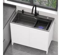 68cm Fregadero Monobloc Gris Oscuro con Mueble de Almacenaje, Fregadero de Acero 304 con Mini Cubeta Lavabo Móvil, Incluye Grifo de Agua Fría y Caliente, Dosificador de Jabón y Sifón