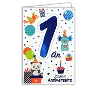 69-2000 - Tarjeta feliz cumpleaños de 1 año para bebé o niña - erizo regalo globo pájaros