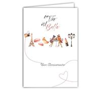 69-4512 - Tarjeta de cumpleaños Le Vie est Belle para hombre, elegante, elegante, diseño de lazo y mariposa, diseño de la Torre Eiffel Parisien Scooter de 2 ruedas, con sobres de formato 12 x 17 cm