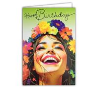69-8101 - Tarjeta FLUO Happy Birthday con sobres de 12 x 17,5 cm, para niña y mujer, corona de flores, estilo campestre boho boho rosa labio, auténticas tintas flúo, creadas y fabricadas en Francia
