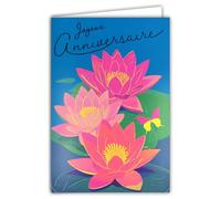 AFIE 69-8104 Tarjeta FLUO Feliz CUMPLIMIENTO con sobres de 12 x 17,5 cm - Ilustración Flores lirios Rosas Loto de agua azul Mariposa - Verdaderas tintas FLUO - Creado y fabricado en Francia