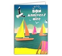 69-8109 - Tarjeta FLUO Bon ANIVERSARIO Enjoy your day con sobres de 12 x 17,5 cm - Ilustración Barcos Veleros Regata Transat Playa Mar Azul Gaviota - Verdaderas tintas FLUO - Creado y fabricado en