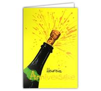 AFIE 69-8113 - Tarjeta FLUO feliz con sobres de 12 x 17,5 cm - Ilustración apertura tapón botella de champán, burbujas de felicidad, auténticas tintas FLUO - Creado y fabricado en Francia
