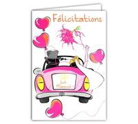 69-8140 - Tarjeta flúo, felicitaciones, boda, solo matrimonio, para pareja, hombre, mujer, globos de corazón, con sobres de 12 x 17,5 cm, interior blanco, tintas flúo, creado, fabricado en Francia