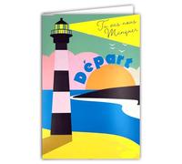 69-8144 Tarjeta FLUO DE SALIDA Te extrañaremos Retiro o Mudanza Ilustración Faro Atardecer Mar - Con sobres de 12 x 17,5 cm - Interior blanco - Tintas FLUO - Creado y fabricado en Francia