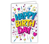 69-8169 - Tarjeta FLUO Happy Birthday multicolor colores vivos del arco iris, estilo cómics pop art corazones rosas estrellas amarillas - con sobres blancos, 12 x 17,5 cm, fabricación de calidad