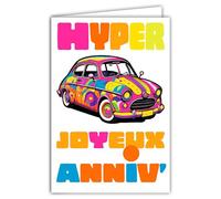 69-8171 - Tarjeta FLUO Hyper Happy Cumpleaños para coche de colección Pop Art Street Art, colores vivos, multicolor, con sobres blancos, 12 x 17,5 cm, fabricación de calidad francesa