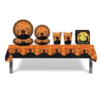 69 Piezas 16 Personas,Juego de vajilla de Fiesta de Halloween,Decoraciones Para Fiesta de Halloween,Para Gritos y Celebraciones,Platode de Papel,Plato postre,Mantel,Servilletas,Vasos Papel