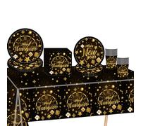 69 piezas de vajilla de plástico para fiesta de Año Nuevo, platos de papel, servilletas y vasos, juego de vajilla de oro negro para decoración de fiesta de Año Nuevo 2025