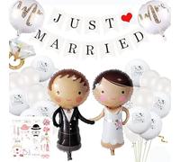 69 Piezas Fiesta Decoracion Bodas Set, Decoración para Bodas Kit con 1 Pancarta 1 Cinta 34 Globos 1 Anillo y 32 Accesorios para Fotos, Globos Decoracion JUST MARRIED