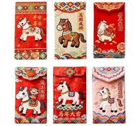 6PCS 2026 Year of the Horse Chinese New Year Red Envelopes, Exquisite Imitation Flat Embroidery Hong Bao for Spring Festival, Cartoon Horse Cute Red Envelopes,for Wedding Birthday Party